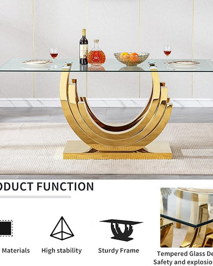 Goujxcy 70" Modern Glass Dining Table for 6-8, Luxury Gold Glass Dining Room Table with Mirrored Ring-Shape Stainless Steel Base, Rectangle Kitchen Dinner Tables for Dining Room Kitchen