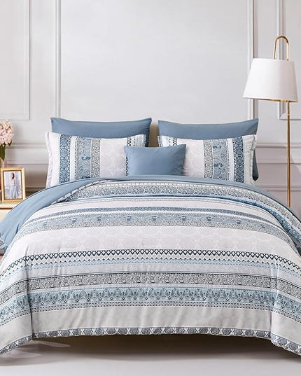 Cottolester Boho Comforter Set King Size Light Blue Comforter Set 8 Piece Bed in a Bag Striped Paisley Bedding Sets