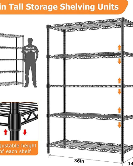 Storage Shelves Heavy Duty, 4 PCS 36" L x 14" W x 72" H Garage Wire Shelving Unit Loads 1750LBS, 5-Tier Adjustable Metal Industrial Utility Shelf Rack for Kitchen, Laundry Room, Warehouse, Basement
