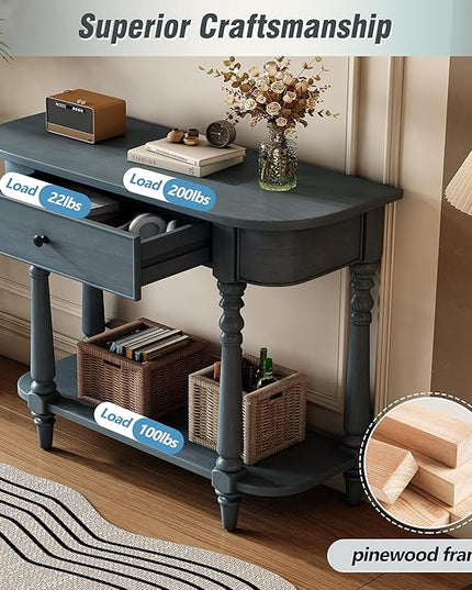 HMFULE Retro Curved Console Table, 36" Solid Wood Half Moon Console Table Sofa Table Entryway Table with 1 Drawer 1 Open Shelf Roman Legs Curved Corners for Living Room,Entryway,Hallway,Navy