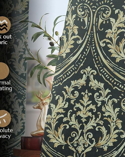 jinchan Blackout Curtains for Bedroom, Gray Damask Patterned Curtains 63 Inch Length for Living Room, Vintage Medallion Art Deco Drapes, Thermal Insulated Grommet Window Treatments, 2 Panels Grey