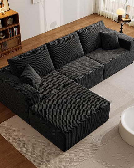 110" Boneless Cloud Sectional Couch for Living Room, Compressed Modular L-Shaped Sofa with Deep Seat, Frameless Corduroy Couch in Boxes, No Assembly Required 3-Seater (Left-Facing Chaise, Black)