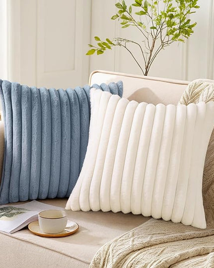 Pallene Faux Fur Plush Throw Pillow Covers 26x26 Set of 2, Luxury Soft Fluffy Striped Decorative Pillow Covers for Sofa, Couch, Living Room, Blue Grey