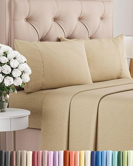 Full Size 4 Piece Sheet Set - Comfy Breathable & Cooling Bed Sheets Set - Hotel Luxury Bedding for Women, Men, Kids, Teens, Boys & Girls - Deep Pockets, Soft & Wrinkle Free - Tan (Heathered Sheets)