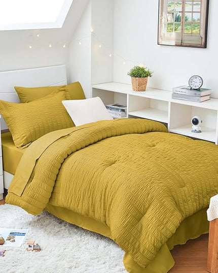 HYMOKEGE Mustard Yellow Twin XL Comforter Set Seersucker 5 Pieces, All Season Luxury Bed in a Bag for Bedroom, Bedding Set with Comforter, Sheets, Pillowcase & Sham