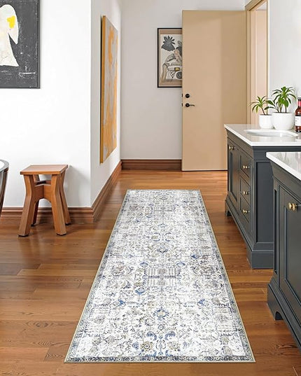 jinchan Runner Rug 2x8 Washable Hallway Rug Vintage Indoor Thin Retro Floor Cover Distressed Floral Country Lightweight Non Slip Carpet for Entryway Bathroom Kitchen Bedroom Living Room Stairway Blue
