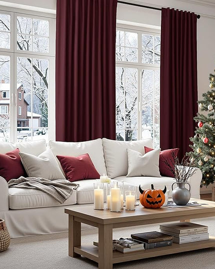 Guken Blackout Curtains 80 Inch Length 2 Panels Set for Living Room Bedroom Back Tab Thermal Insulated 100% Black Out Linen Drapes Boho Christmas Decor,Burgundy 52x80