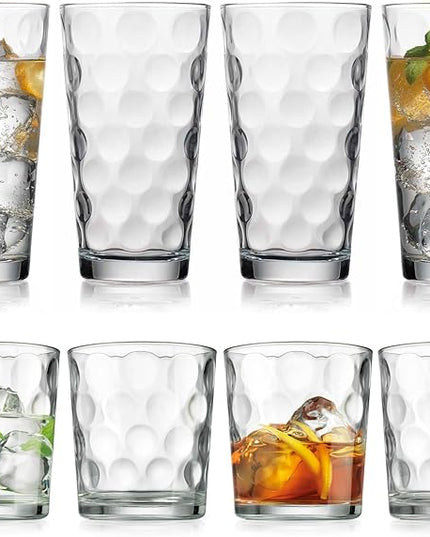 Home Essentials & Beyond Glassware Drinking Glasses Set Of 8 4 Highball (17 oz.) Kitchen Glasses | 4 (13 oz.) Rocks Glass Cups for Water, Juice and Cocktails.