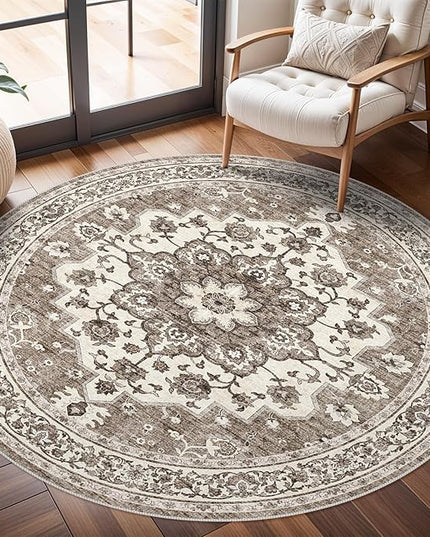 Washable Oriental Area Rug - 6ft Round Rugs for Living Room Soft Carpet for Bedroom Waterproof Floral Distressed Indoor Stain Resistant Non-Shedding Floor Carpets (Beige, 6ft-Round)