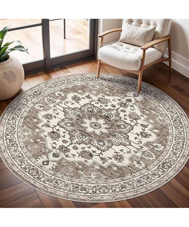 Washable Oriental Area Rug - 6ft Round Rugs for Living Room Soft Carpet for Bedroom Waterproof Floral Distressed Indoor Stain Resistant Non-Shedding Floor Carpets (Beige, 6ft-Round)
