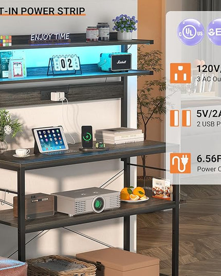 Aheaplus Bakers Rack with Power Outlet, Microwave Stand, 5 Tiers Coffee Bar Station with Led Lights, Kitchen Storage Shelf with 6 S-Shaped Hooks, Kitchen Rack Coffee Bar Stand, Grey Oak