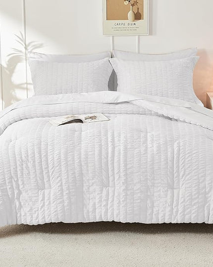 HYMOKEGE White Queen Comforter Set Seersucker 7 Pieces, All Season Luxury Bed in a Bag for Bedroom, Bedding Set with Comforters, Sheets, Pillowcases & Shams