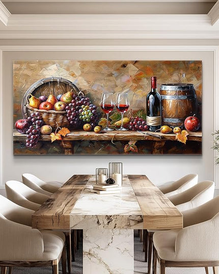 XIGUANGART Wall Art for Kitchen Grape Barrel Painting Red Wine Glass Artwork Prints for Dinning Room Bar Large Canvas Wall Decor for Living Room Office Fruit Still Life Picture Modern Home Decoration