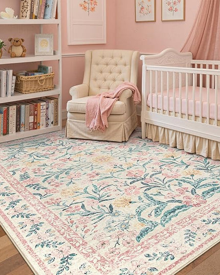 Wonnitar Pink Rugs for Bedroom Girls, 5x7 Washable Rug for Nursery Decor, Boho Soft Floral Carpet Non Slip, Indoor Ultra-Thin Floor Carpet for Baby Kids Room Living Room Dorm