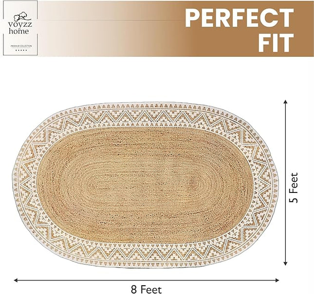 voyzz home 5x8 Feet-Oval, Premium Natural Jute Braided Area Rug, White Printed Border, Stain Resistance, Natural Brown, Handmade Rug for Entryways, Living Room, Dining Room, Bedroom, Office, Farmhouse