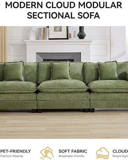 111'' Sectional Cloud Deep Seat Couch, Modern Comfy Chenille Modular Sectional Sofa for Living Room Set, Upholstered Modular 3-Seats Sofa Couch, Green
