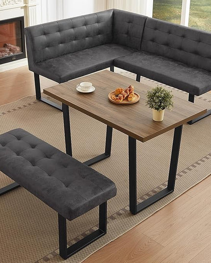 3-Piece Corner Dining Table Set with Bench, 70 Inch Space-Saving Breakfast Nook for Kitchen & Dining Room(Walnut Table & R-Seat Grey Bench)