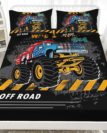 AILONEN Cartoon Monster Truck Fitted Sheet Set Twin XL Size, Construction Vehicles Sheets, American Flag Bed Sheet Set 3 Pieces - 1 Fitted Sheet and 2 Pillowcases