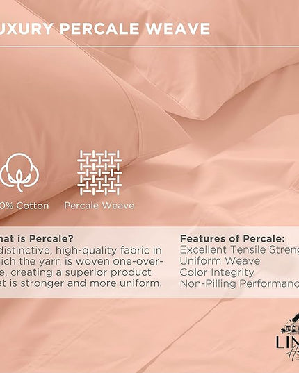 Linen Home 100% Cotton Percale Pillowcases Queen Size, Tropical Peach, 2 Pieces of Pillow Case, Crisp and Cool Strong Bed Linen, 20 inches X 30 inches