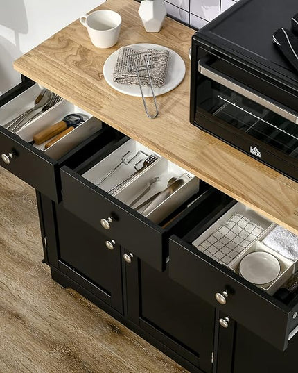 HOMCOM Sideboard with Solid Wood Countertop, Modern Kitchen Storage Cabinet, Coffee Bar Cabinet with 3 Drawers, Doors and Adjustable Shelf, Black