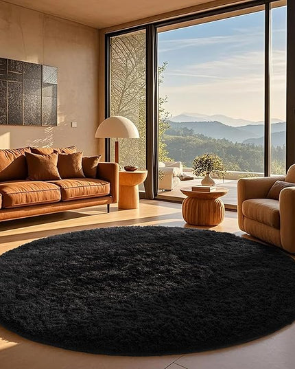 Ophanie Round Rug 7Ft Black Circle Area Rug, Room Decor for Men, Fluffy Fuzzy Bedroom Carpet, Plush Soft Shaggy Living Room Rugs for Kids Home Decor Aesthetic, Nursery