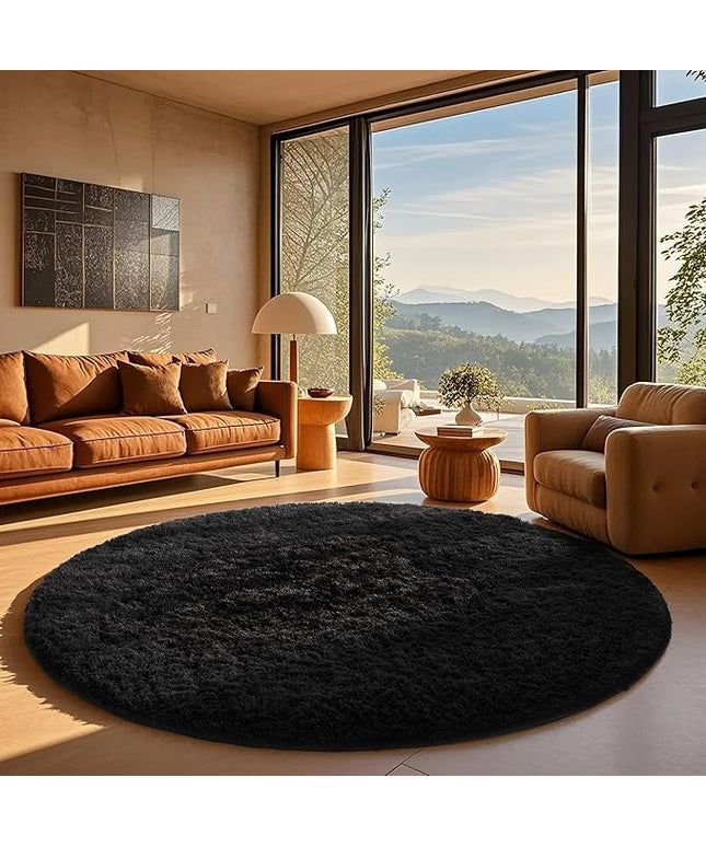 Ophanie Round Rug 7Ft Black Circle Area Rug, Room Decor for Men, Fluffy Fuzzy Bedroom Carpet, Plush Soft Shaggy Living Room Rugs for Kids Home Decor Aesthetic, Nursery