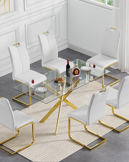 HomVent 7 Pieces Rectangular Glass Dining Table Table Set, Glass Kitchen Table Set for 6 with 6 PU Dining Chairs for Kitchen Dining Room