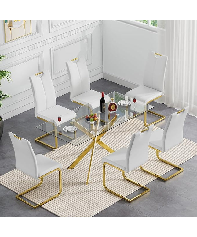 HomVent 7 Pieces Rectangular Glass Dining Table Table Set, Glass Kitchen Table Set for 6 with 6 PU Dining Chairs for Kitchen Dining Room