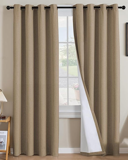 H.VERSAILTEX Linen Curtains 100% Blackout Curtains for Bedroom 102 inch Long Full Light Blocking Nature Linen Blended Window Curtains for Living Room Nickel Grommet (2 Panels, Heathered Macchiato)
