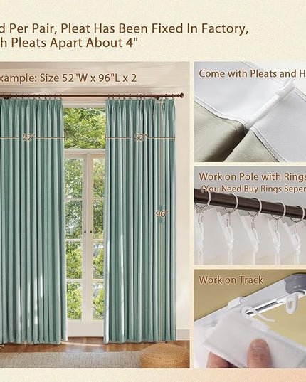 Textured Linen Pencil Pleats 100% Blackout Curtains for Bedroom/Living Room Blackout Curtains 63 Inches Long, Energy Saving Window Treatment Curtains,100Wx63Lx2,Green