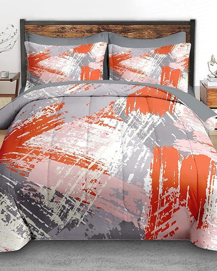 Comforter Set Queen Size, Urban Graffiti Orange Grey 7 Pcs Bedding for Kids and Adults, Abstract Paint Line Bed Sheet Sets with Fitted Sheet 2 Pillowcase & 2 Sham for Bedroom Bed Decor