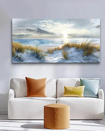 Lapremoly Framed Wall Art - Large Ocean Beach Wall Decor for Living Room, Office, Modern Bedroom - Blue Sea Landscape Pictures - 24"X48"
