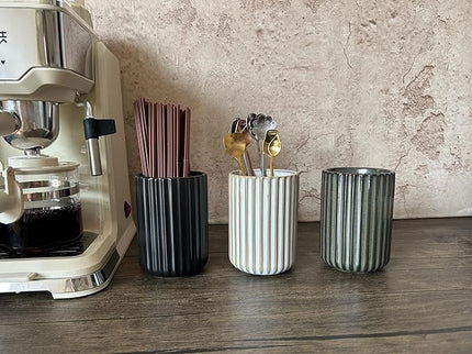 Stoneware Coffee Bar Utensil Holder Tea & Coffee Spoon & Stirrer Holder for Stir Stick Straw Teaspoon Holder Spoon Cup Small Utensil Jar Fluted Vertical Stripe (Retro White)
