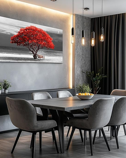 wall art for living room Decorations Photo Prints - panoramic black and white with red trees The moon Landscape - Modern Home Decor The room Stretched and Framed Ready to Hang artwork 20x40inches