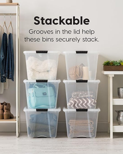 IRIS USA 6-Pack 54 Quart Stackable Storage Bins with Lids [Made in USA] - Everyday Organizer Latching Clear Plastic Organization Containers Closet Bedroom Shelving Units Home Storage - Clear/White
