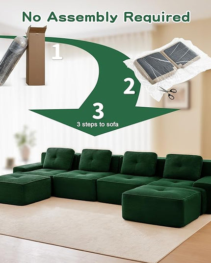 Hommoo 153" Oversized Sectional Sofa, Modular U Shaped Couch with Ottoman, Comfy Corduroy Couches with Deep Seat, 6 Seat Convertible Boneless Sofa for Living Room No Assembly Required Green