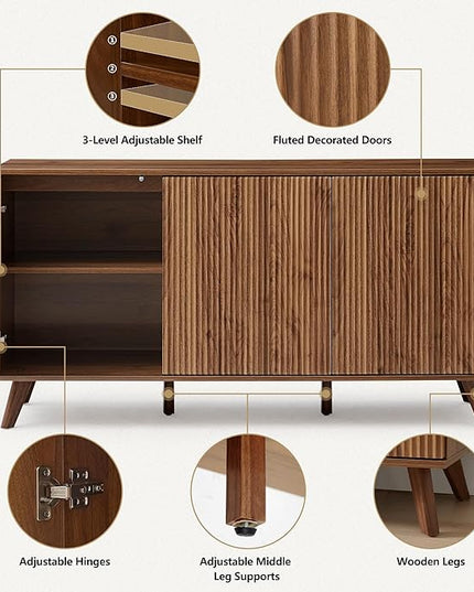 Fluted Sideboard Buffet Cabinet with Storage, Modern Storage Cabinet with 3 Doors, Wood Credenza Buffet Sideboards, Console Table for Kitchen Dining Living Room Entryway (Walnut)