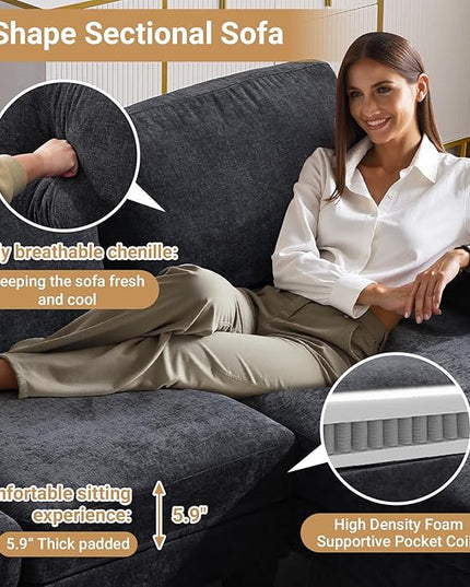 VINGLI 110" Sectional Couches for Living Room,U Shaped Couch with Double Chaise, 4-Seat Sofa Set with Chenille Fabric for Home Furniture,Black