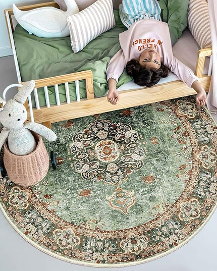 Green Round Rug 4ft,Circle Washable Area Rugs for Bedroom Bathroom Entryway,Boho Vintage Bohemian Distressed Oriental Floral Carpet Non Slip,Sage