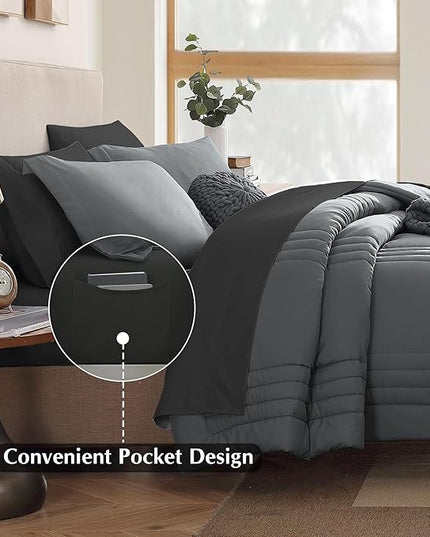 Monbix Full Comforter Set - 7 Pieces Grey Bed in a Bag Full Size Bedding Sets with Comforters, All Seasons Comforter with Sheets, Pillowcases & Shams