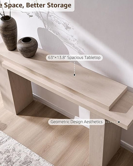 OKD 63 Inch Modern Entryway Console Table, Solid Geometry Accent Sofa Table Behind The Couch, Narrow Console Table for Entryway, Hallway, Living Room, Foyer, White Alder