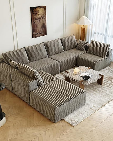 139.4" Modular Sectional Sofa, Oversized U-Shaped Minimalist Couches with 2 Middle Seats and 1 Ottoman Chaise, Modern Deep Seat Convertible Sleeper Sofa, Cloud Plush Corduroy Fabric,7 Seater, Camel