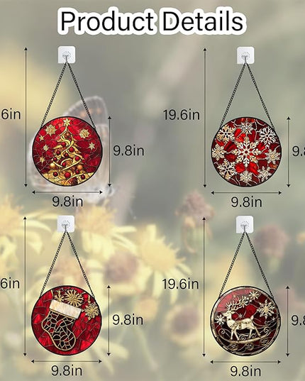 Stained Glass Window Hanging 4 Pcs Set Red Christmas Elk Snowflakes 9.8" - Deer Suncatcher Door Garden Sun Catcher Decor Birthday for Mom Woman Nana Men Friend