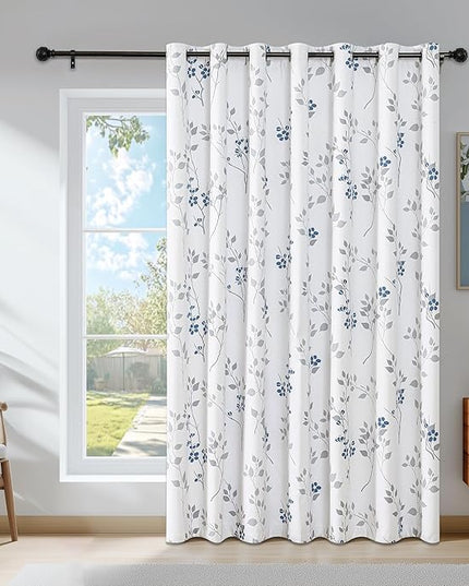Beauoop Floral 100% Blackout Curtains 84 Inch Length 1 Panel for Patio Sliding Door Extra Wide Blue Grey Flower Patterned Divider Room Darkening Thermal Soundproof Grommet Window Drapes,100x84, 1 Set