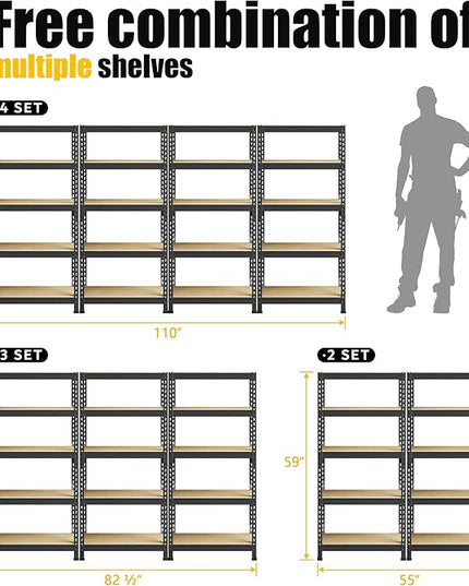 PrimeZone Storage Shelves 5 Tier Adjustable Garage Storage Shelving, Heavy Duty Metal Storage Utility Rack Shelf Unit for Warehouse Pantry Closet Kitchen, 28" x 12" x 59", Black, 6 Packs