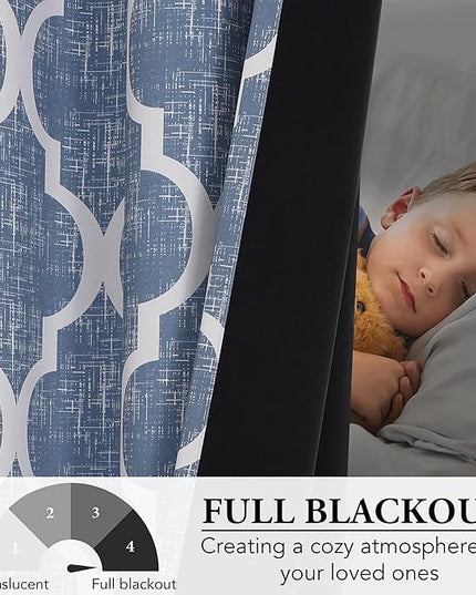 Beauoop 100% Blackout Curtains 63 Inches Long 2 Panels for Bedroom Living Room Blue Moroccan Geo Room Darkening Thermal Insulated Soundproof Rod Pocket Back Tab Window Treatments Drapes, 50x63