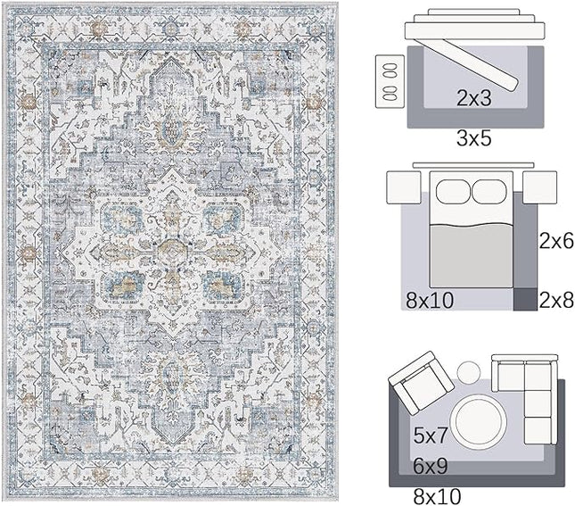 jinchan Oriental 2x3 Rug for Entryway - Machine Washable Non-Slip Doormat Ultra-Thin Low-Pile Small Vintage Floral Distressed Accent Rug for Entrance Bedroom Kitchen Bathroom (2x3ft, Grey/Blue)
