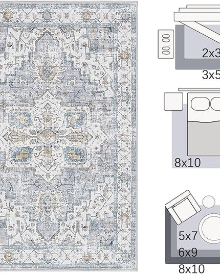 jinchan 9x12 Area Rugs for Living Room - Machine Washable Tribal Vintage Floral Stain Resistant Ultra-Thin Low-Pile Non-Slip Distressed Carpet for Bedroom Dining Room Kitchen (9x12ft, Grey/Blue)