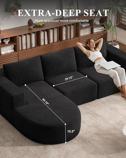 104”Sectional Couches for Living Room, Modular l Shaped Cloud Couch,Boneless Comfy Modern Sofa with Chaise, Deep Seat Convertible Sleeper Sofa Bed,No Assembly Required(Black-Corduroy Fabric) 1pcs