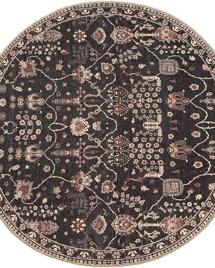 GLN Rugs Bohemian Collection - Machine Washable Area Rug, Bohemian Vintage, Non Slip, Low Pile Chenille Rug, Living Room, Bedroom, Bathroom Rug (5'3" Round Black)